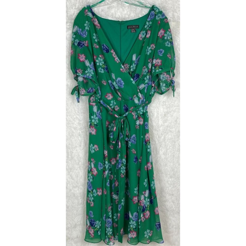 Jessica Howard Size 22W Green Floral Print Short Sleeve Belted Midi Dress